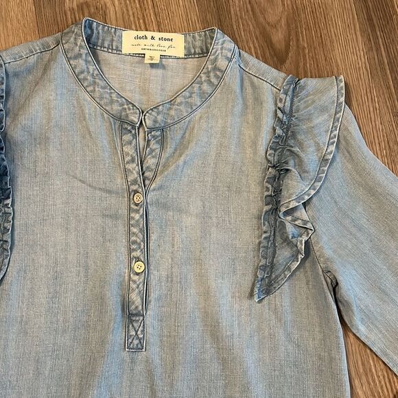 CLOTH & STONE FOR ANTHROPOLOGIE LONG SLEEVE CHAMBRAY DRESS WITH RUFFLE SIZE XS - Picture 5 of 9